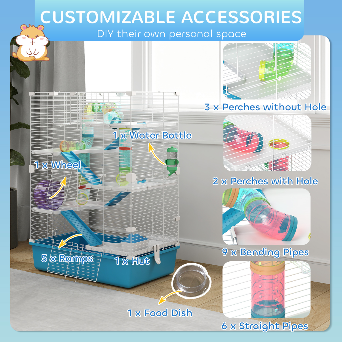 PawHut 6 Tier Hamster Cage with Twin Tower and Accessories, Light Blue