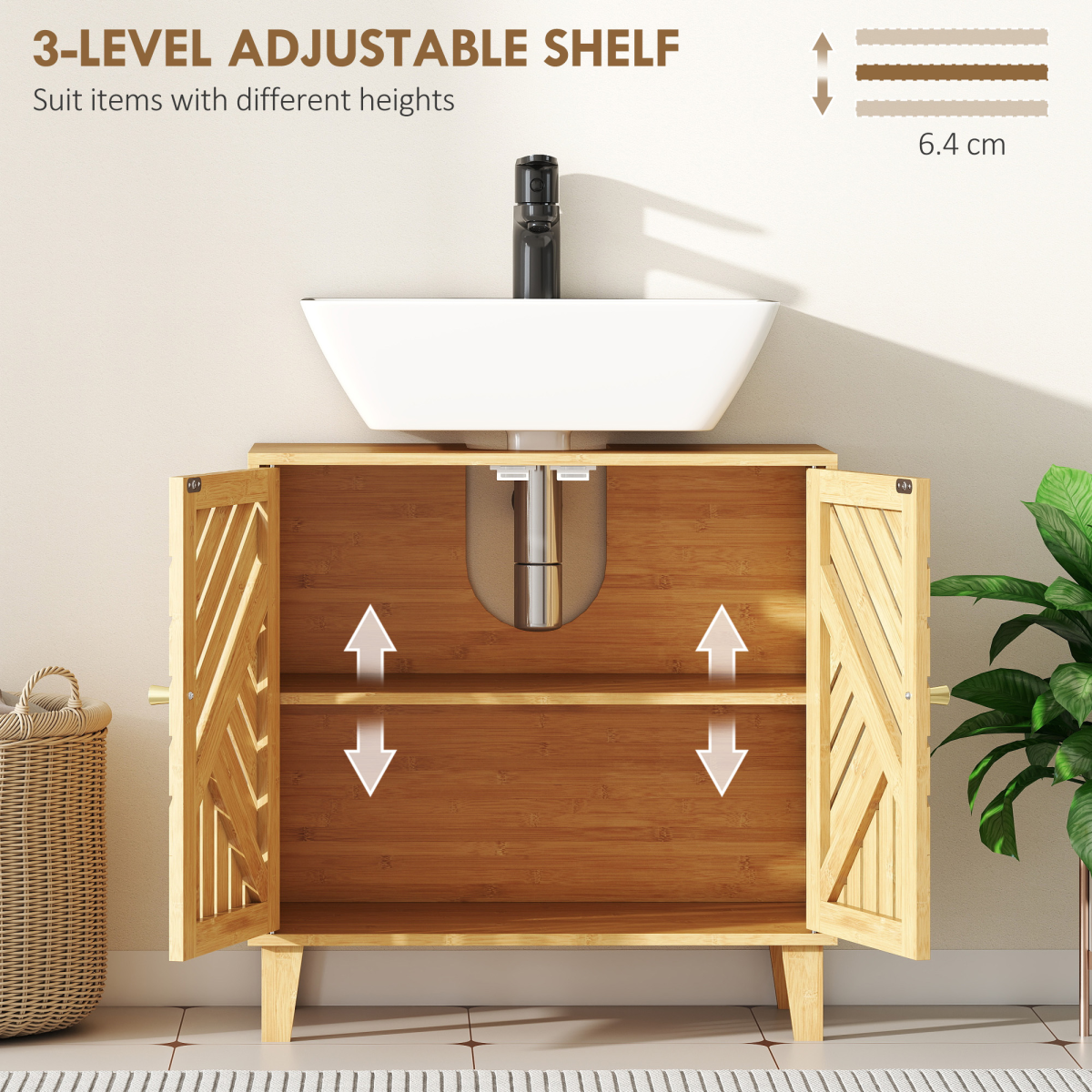 HOMCOM Bamboo Bathroom Under Sink Cabinet with Adjustable Shelf, Natural