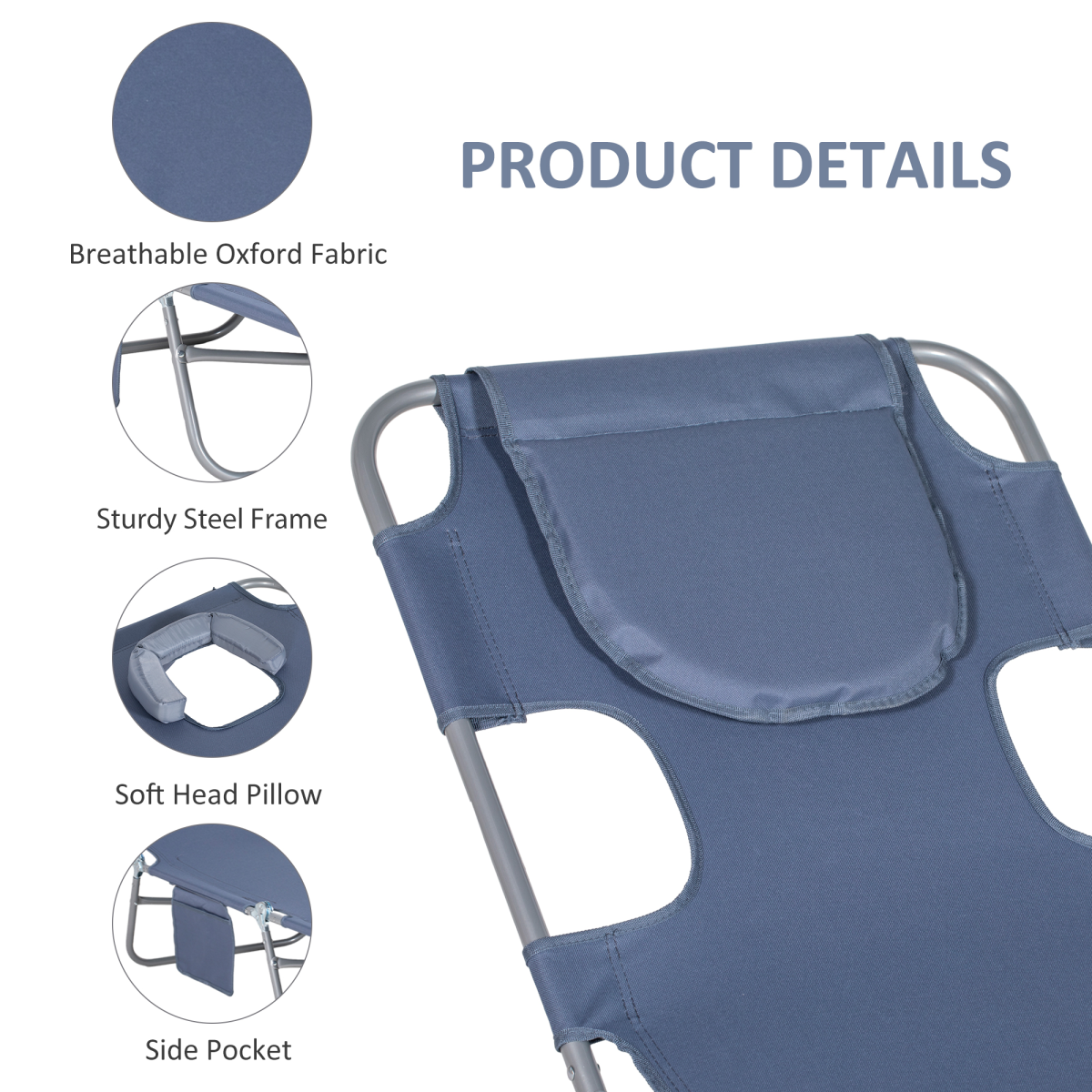 Outsunny Beach Chaise Lounge Portable Adjustable Backrest with Face Cavity Grey