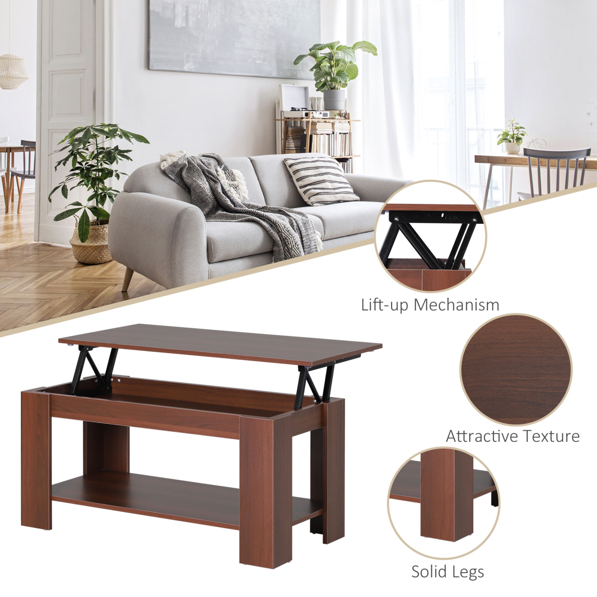 Coffee Table, 50/63H cm-Natural Wood Grain Colour