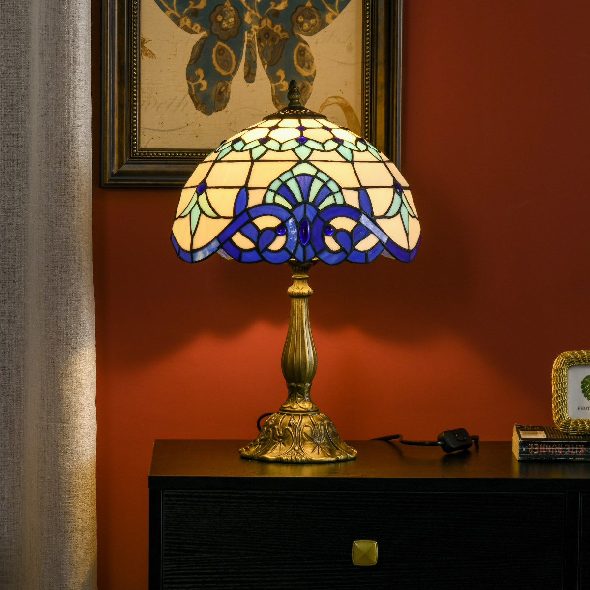 HOMCOM Stained Glass Table Lamp, for Bedroom Bedside, Bulb not Included