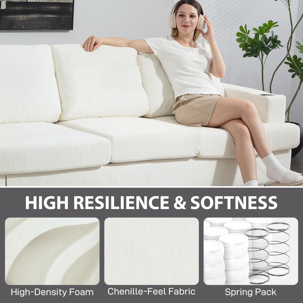 HOMCOM 3 Seater Sofa, Fabric Sofa with USB Ports and Cup Holders, Cream