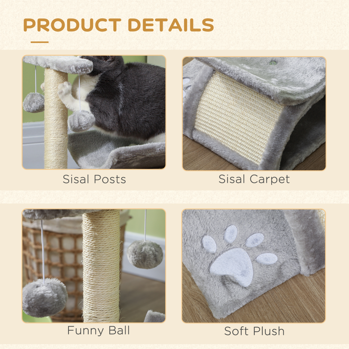 Cat Tree Plush Scratcher Activity Play Center Tunnel Dangling Ball