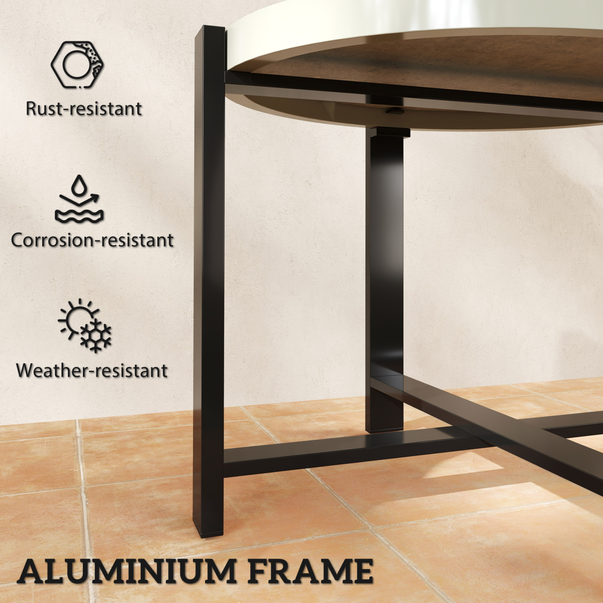 Outsunny Round Small Garden Table with Faux Marble Glass Top, Light Grey