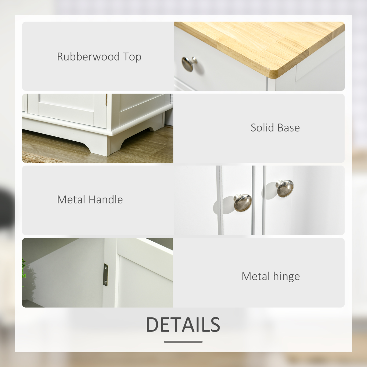 Sideboard with Rubberwood Top, Buffet Drawers and Adjustable Shelves White