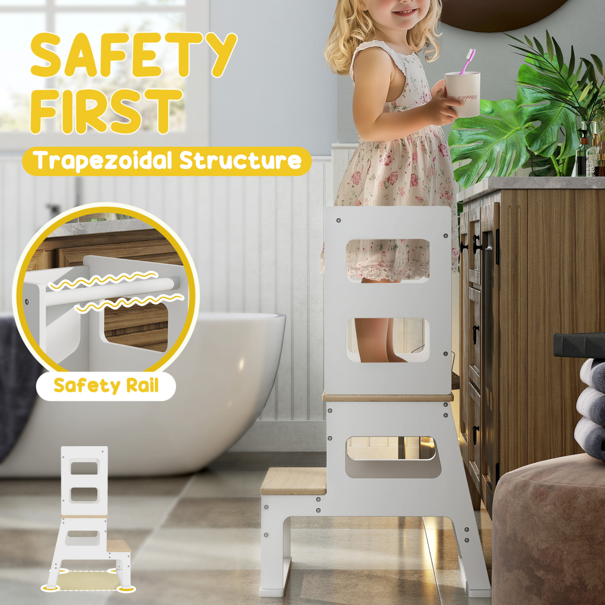 AIYAPLAY 2 in 1 Toddler Tower w/ Chalkboard, Safety Rail, for Kitchen, Sink