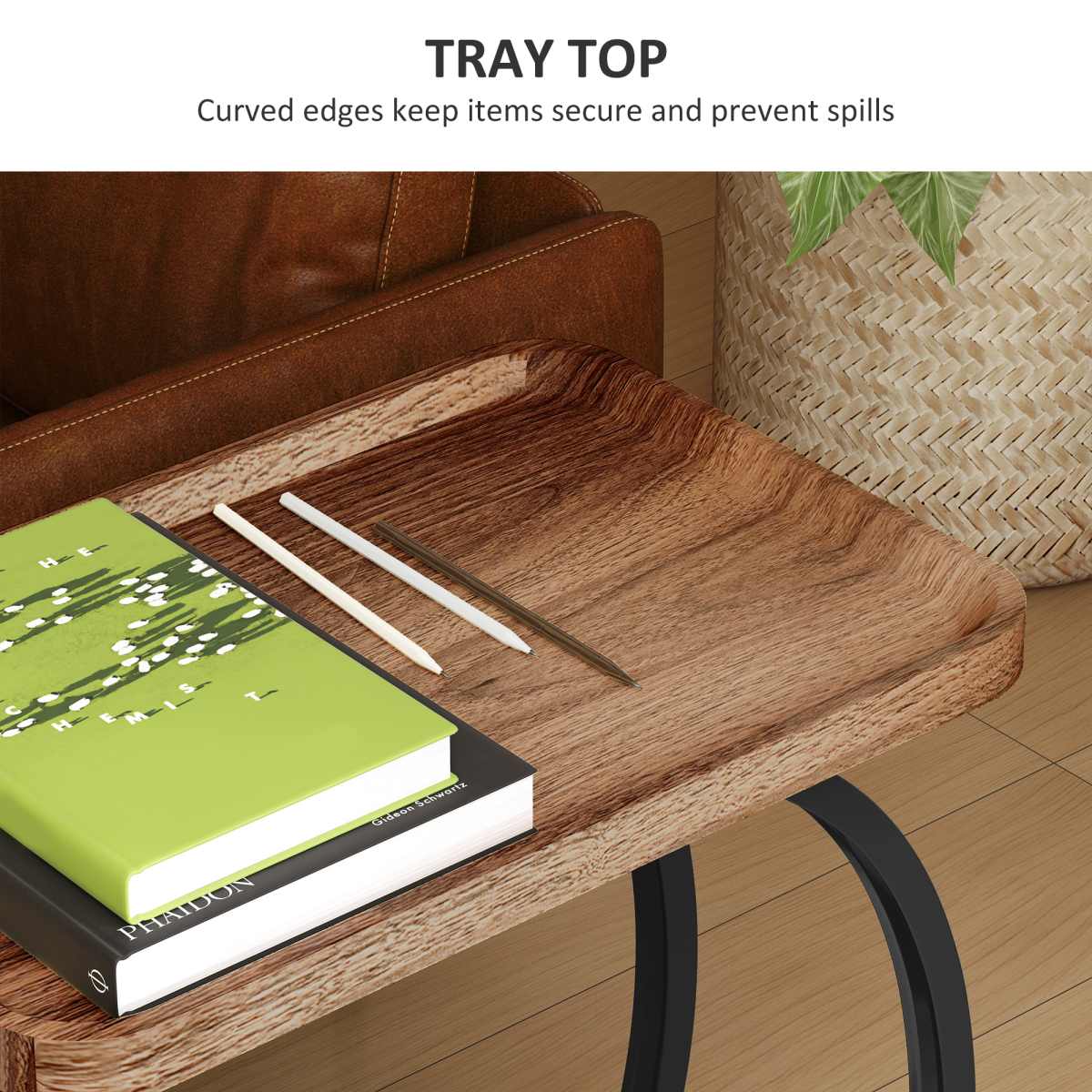HOMCOM C Shaped Side Table with Storage & Wheels for Living Room, Brown