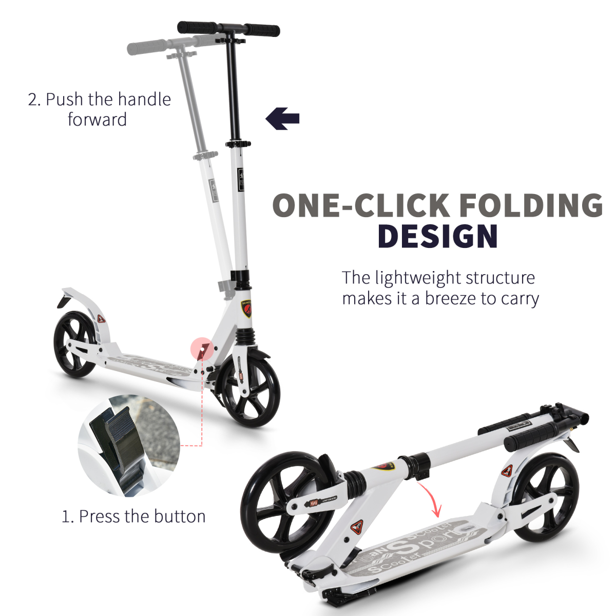 Kick Scooter Folding 2 Big Wheels Adjustable  Adult Teens For 14 White HOMCOM