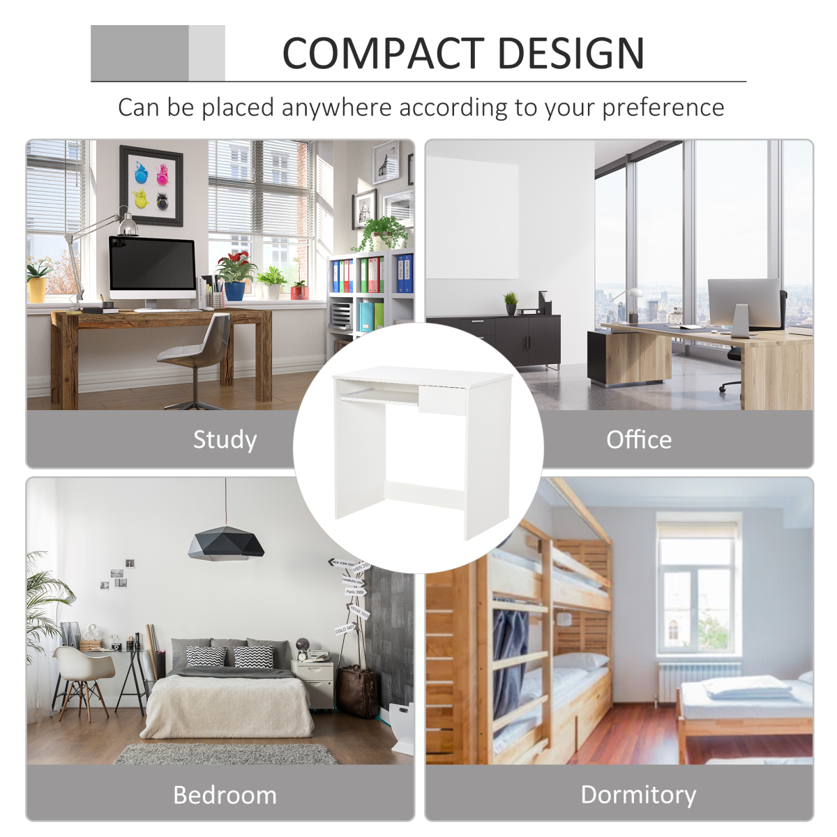 Compact Computer Table with Keyboard Tray Drawer White