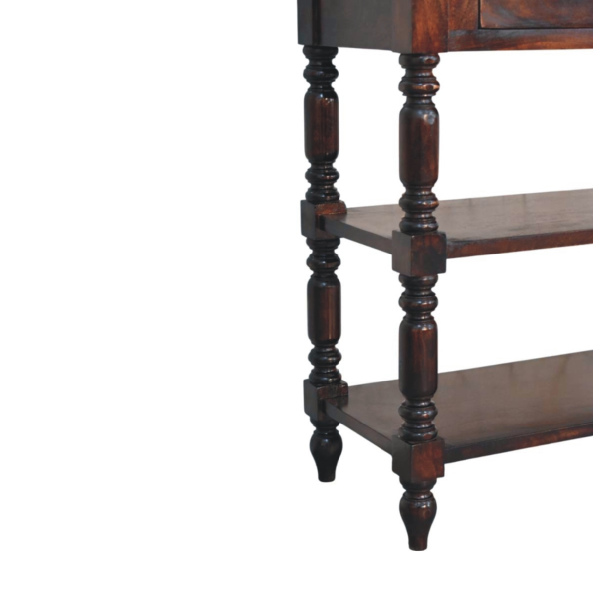 Artisan Furniture Solid Wood Turned legs Cherry Side Table, 2 Drawers, 2 Shelves, Dark Brown