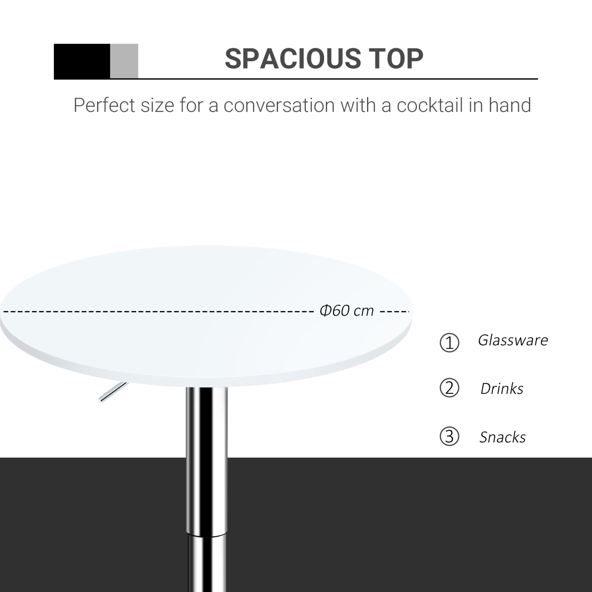 60cm Adjustable Height Round Bar Table w/ Swivel Top Metal Frame White