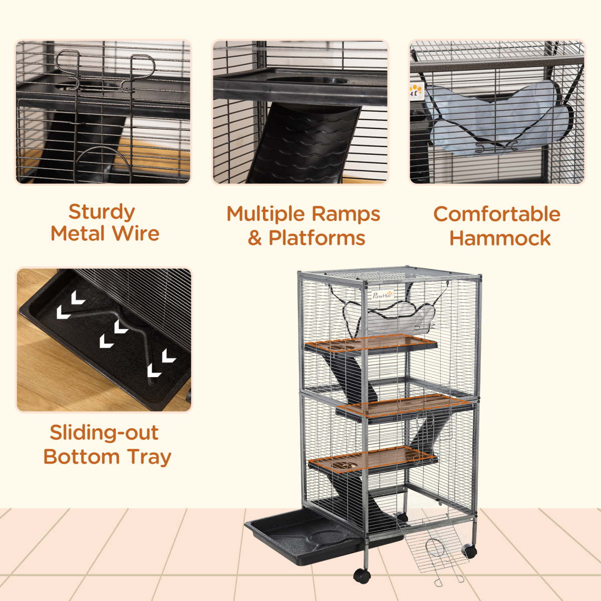 Rolling Small Animal Cage for Chinchillas Ferrets Kittens w/ Platform Ramp Tray