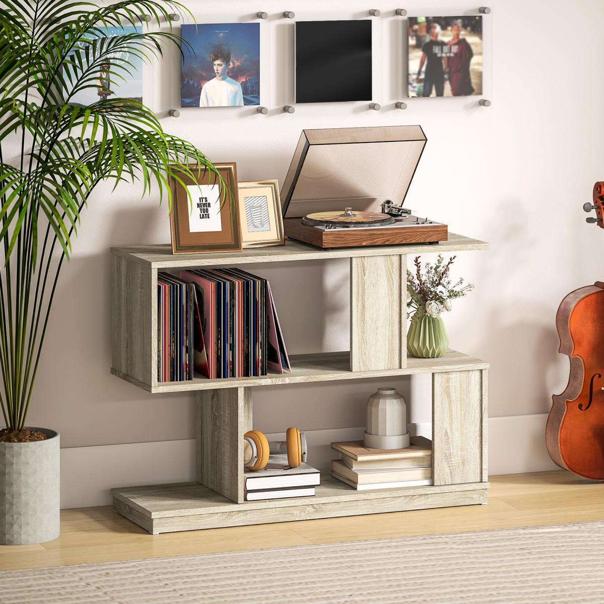 HOMCOM Modern Narrow End Table, S-Shaped Nightstand, Natural Wood Finish