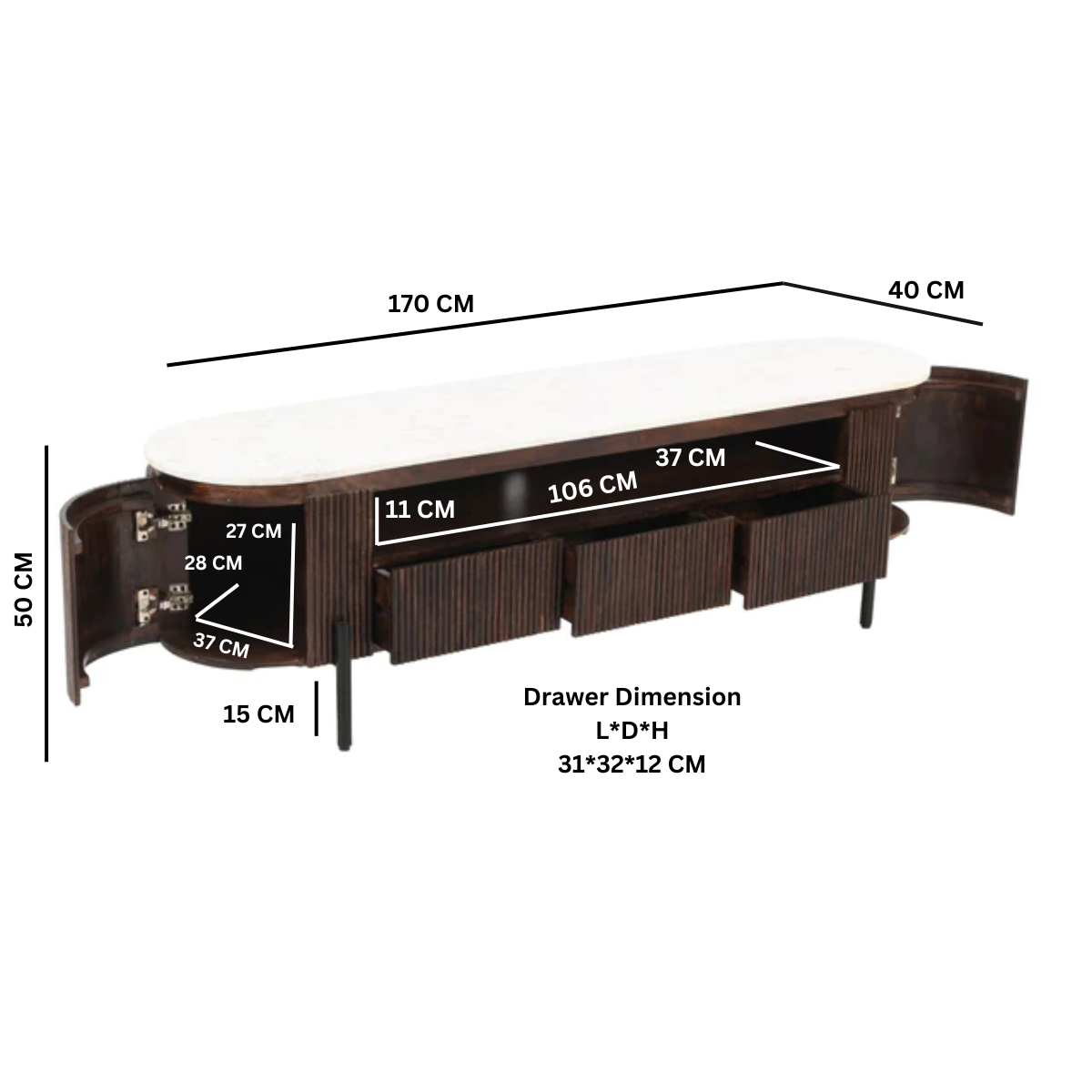 Opal Mango Wood Large Tv Stand With Marble Top & Metal Legs