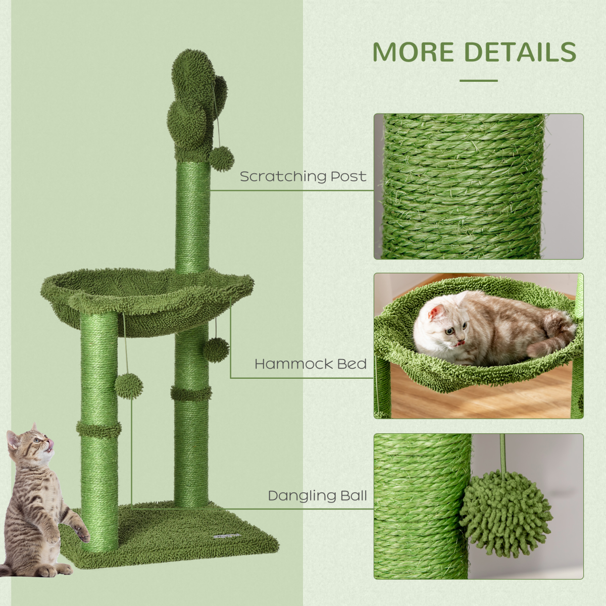 Cactus Cat Tree  for Indoor Cats w/ Scratching Post Hammock Bed Toy Ball - Green
