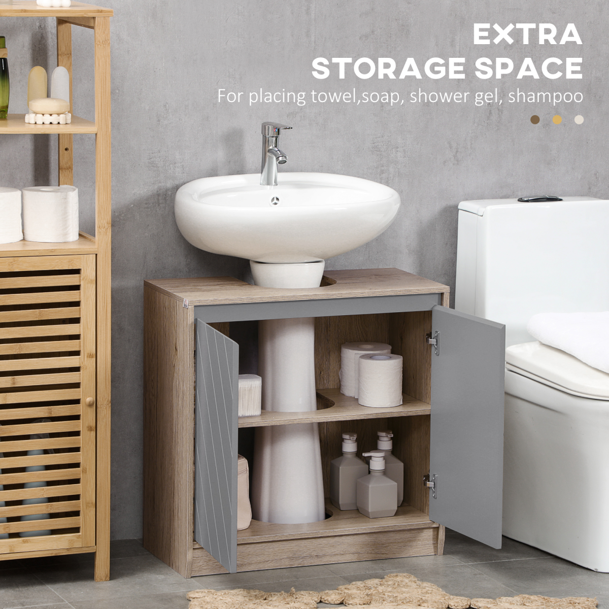 60x60cm Under-Sink Storage Cabinet w/ Adjustable Shelf 2 Doors Cabinet