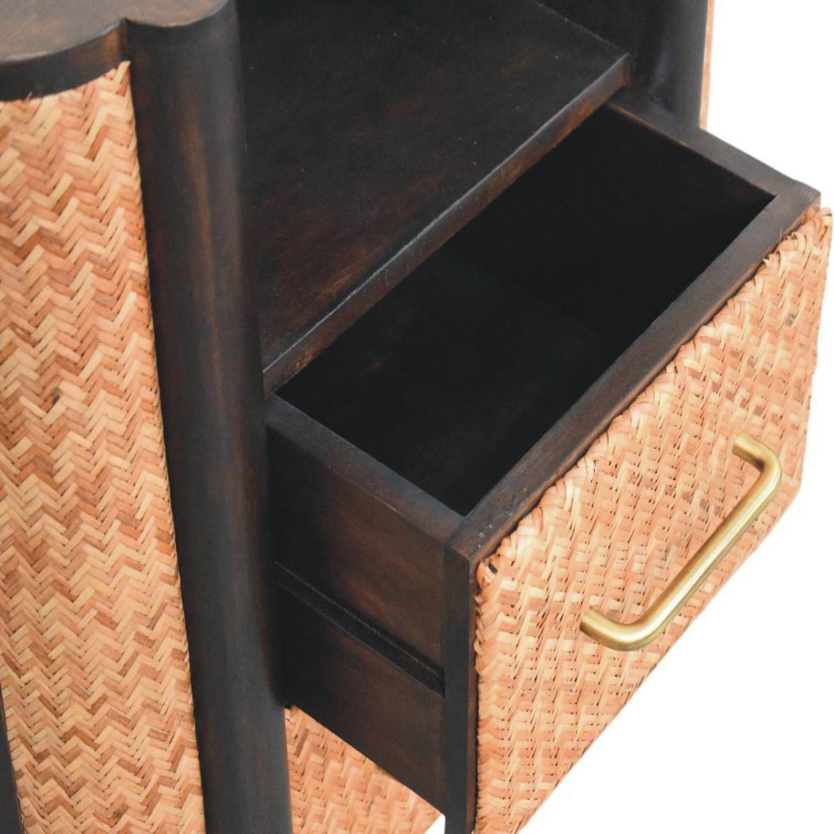 Artisan Furniture Solid Wood Rattan Curve Edge Nightstand, 2 Drawers, 1 Shelf, Brown