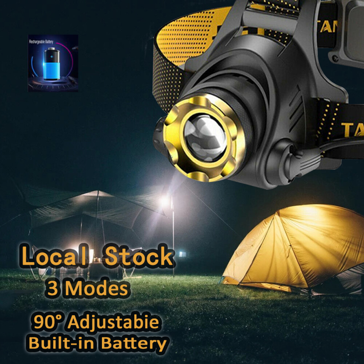 USB Rechargeable LED Headlamp 3 Modes Head Torch Zoomable Headlight+Car Charger+USB Cable Set
