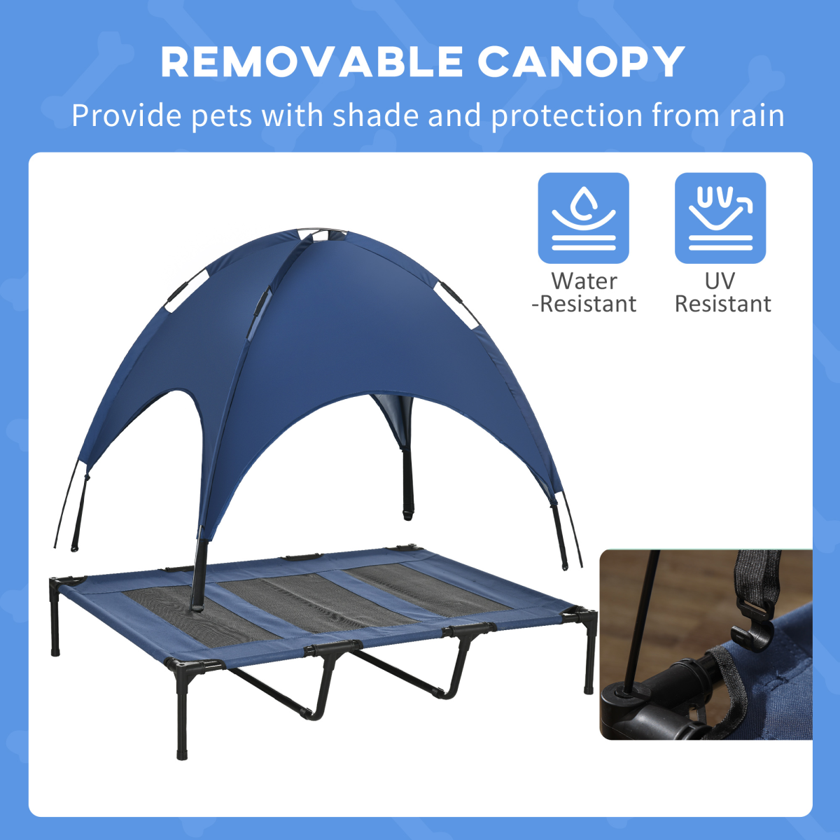 PawHut 122cm Elevated Dog Bed Cooling Raised Pet Cot UV Protection Canopy Blue