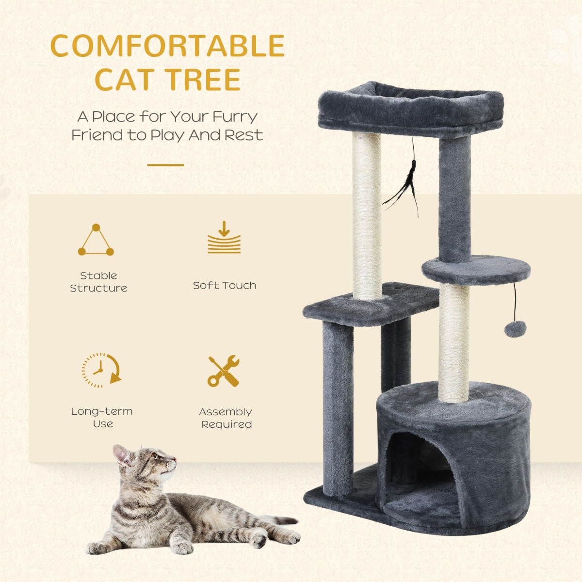 Cat Multi-Activity Tree Tower w/ Perch House Scratching Post Play Ball Pawhut