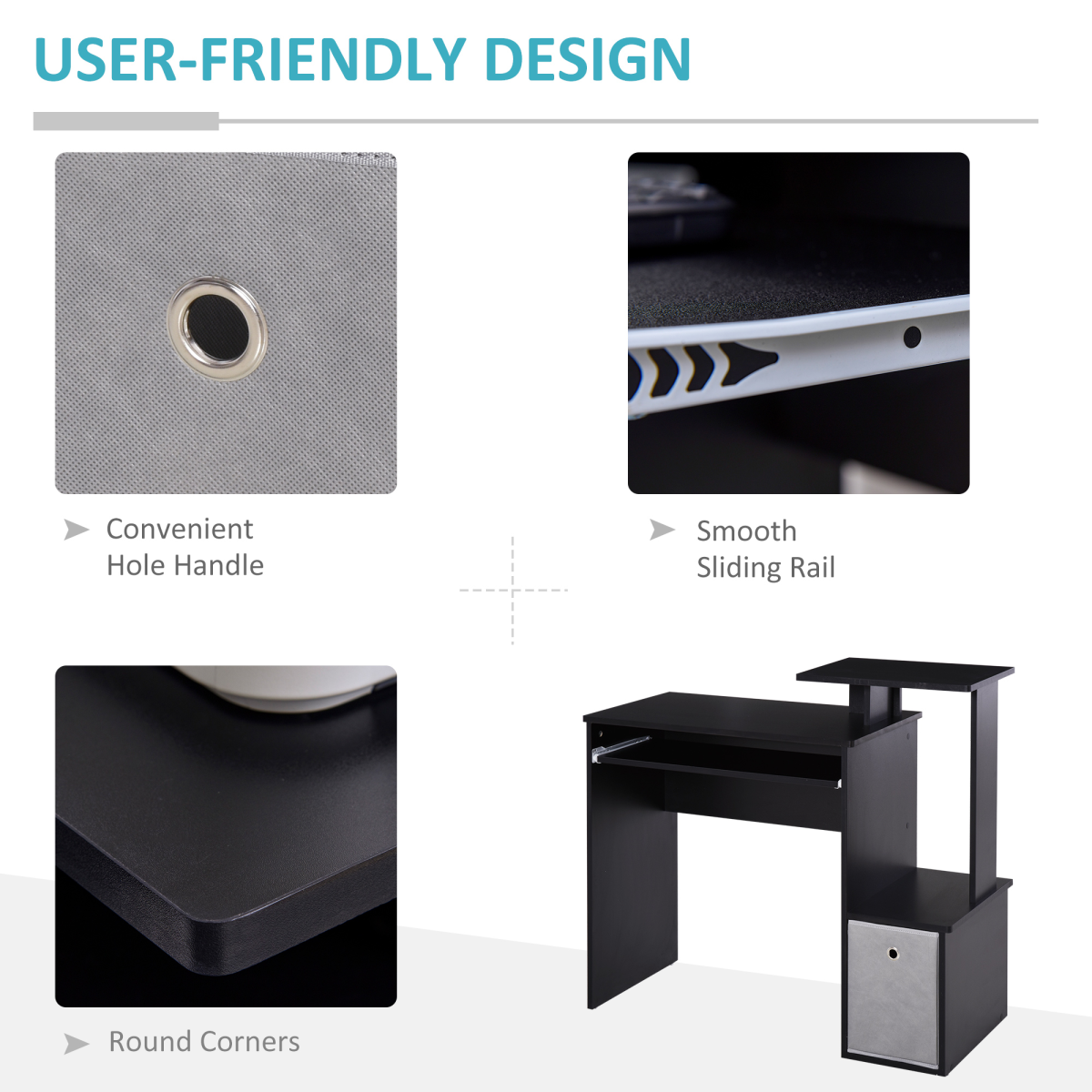 Computer Desk with Sliding Keyboard Tray Storage Drawer Shelf  Black