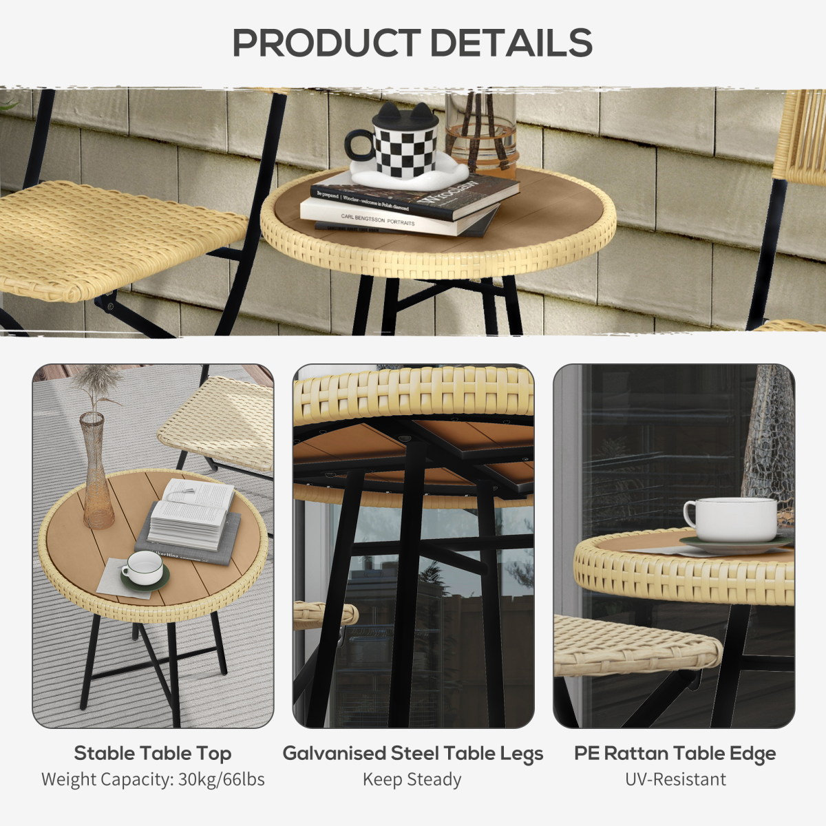 Outsunny PE Rattan Side Table for Indoor, Outdoor, Balcony, Patio, Natural