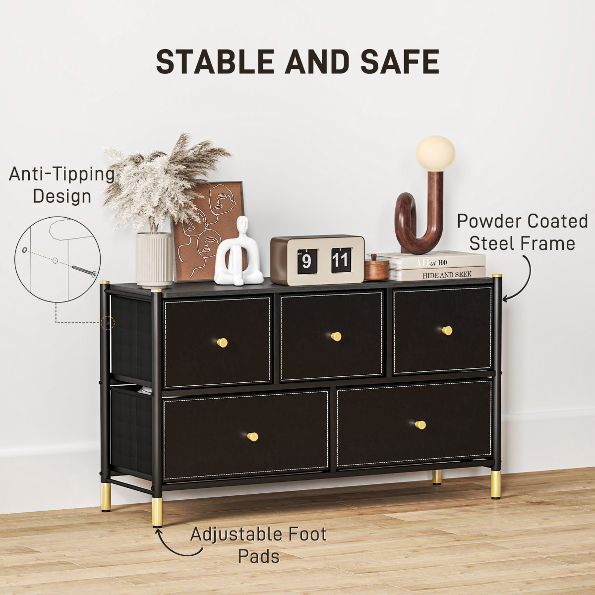 HOMCOM Fabric Chest of Drawers with PU Leather Surface, for Bedroom