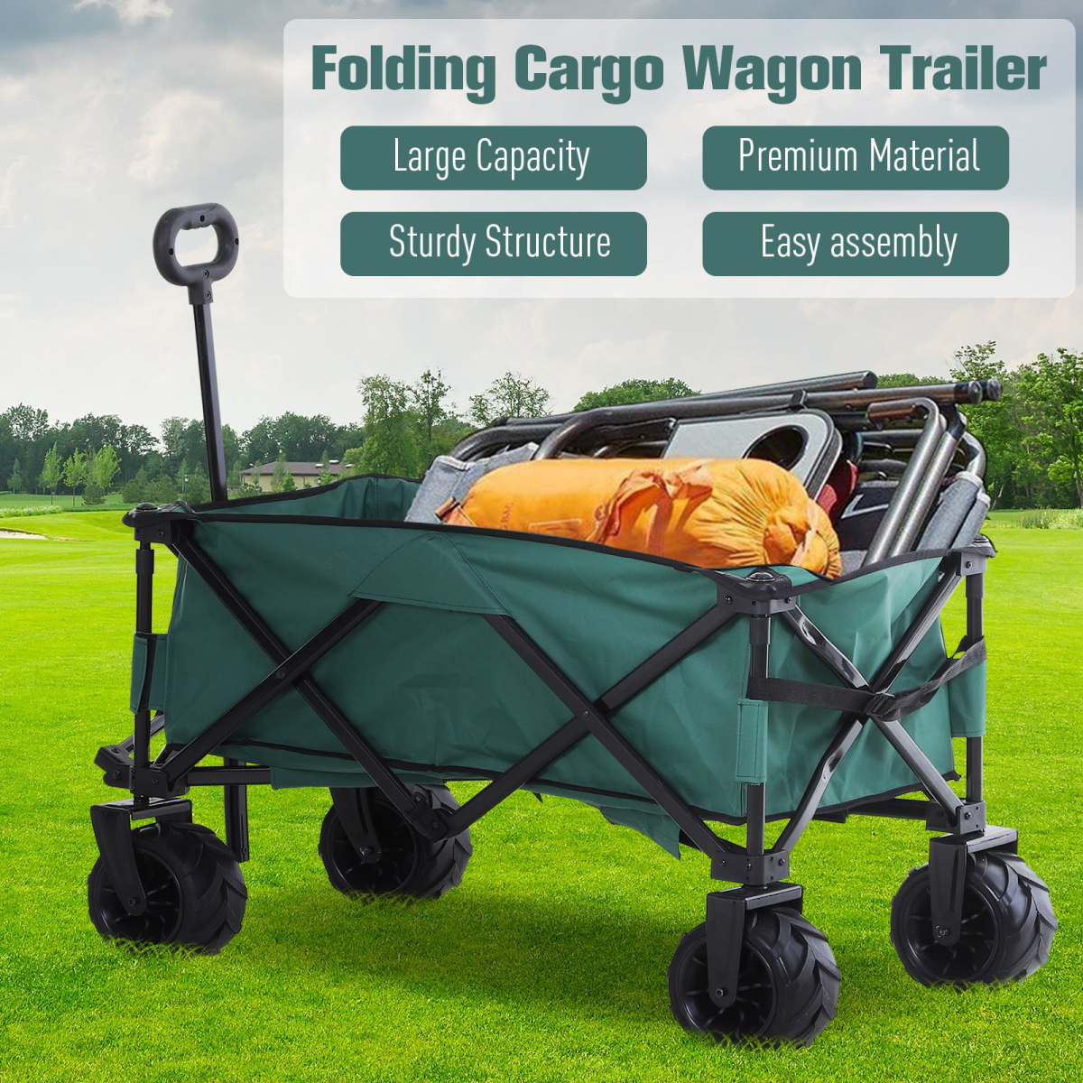 Outsunny Outdoor Cart Folding Cargo Wagon Trailer Beach w/ Telescopic Handle