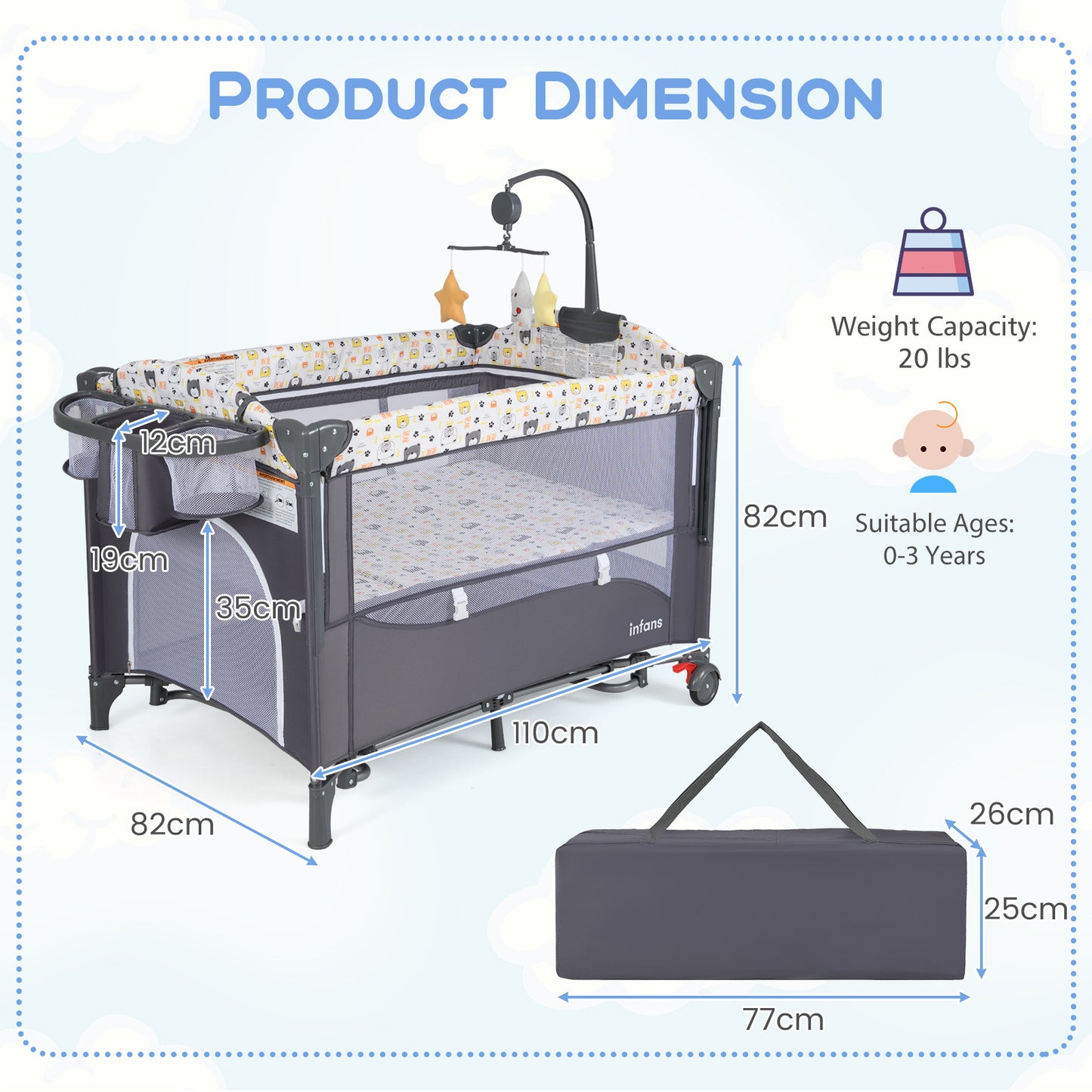 6-in-1 Baby Bed Travel Cot with Changing Table for Baby-Blue