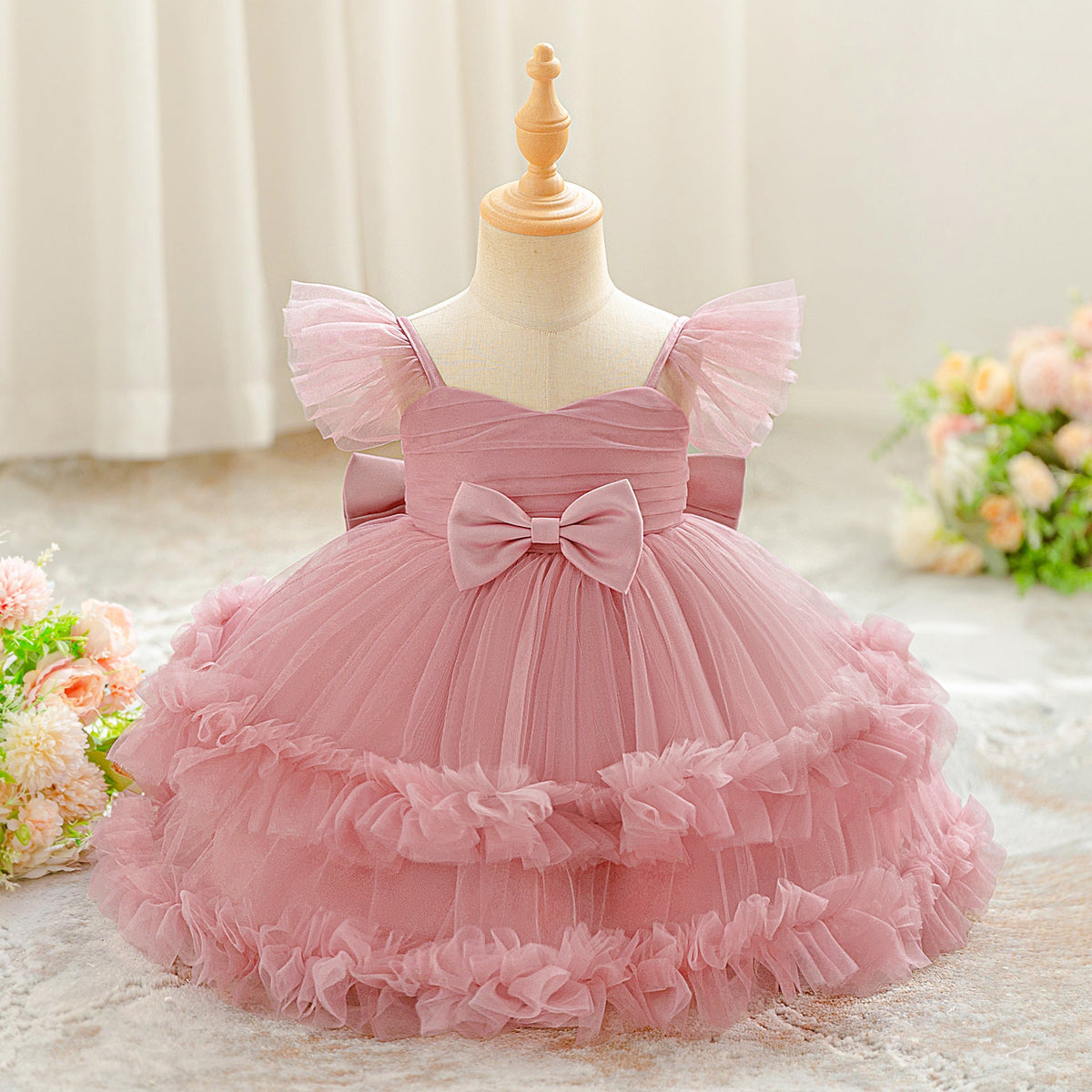 Children's Puff-sleeve Bowknot Tulle Fluffy Tiered Cake Skirt