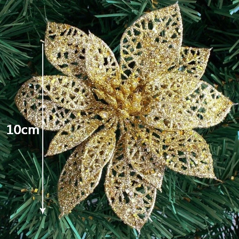 10Pcs/Set Christmas Flowers Xmas Christmas Tree Decorations Glitter Hollow Wedding Party Decor Gold/Silver/Red/Green/Blue 8Z