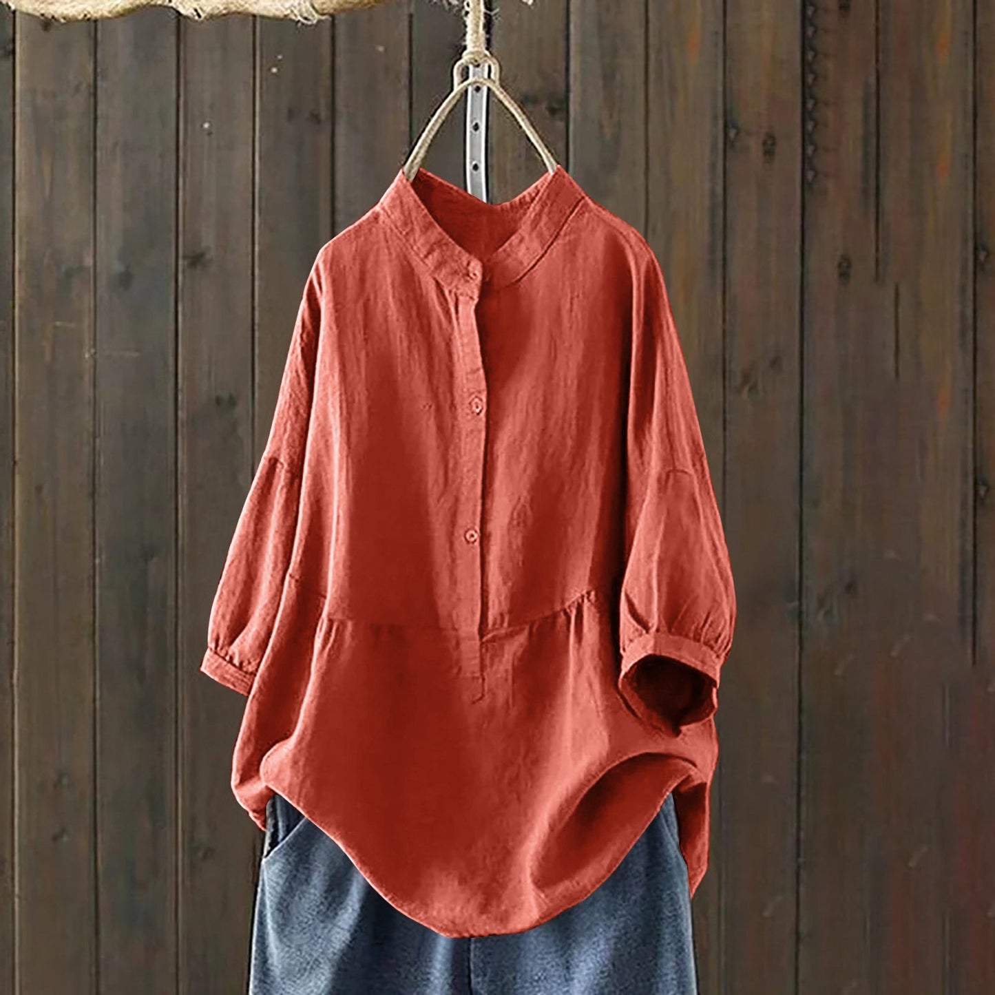 Mandarin-collar Single-breasted Traditional-style Solid-color Long-sleeve Pullover Shirt