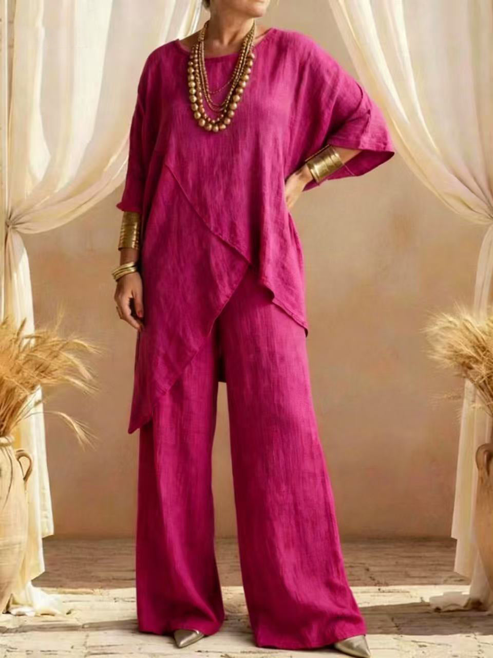 Womens Cotton-linen Crew-neck Loose Casual Two-pieces Set
