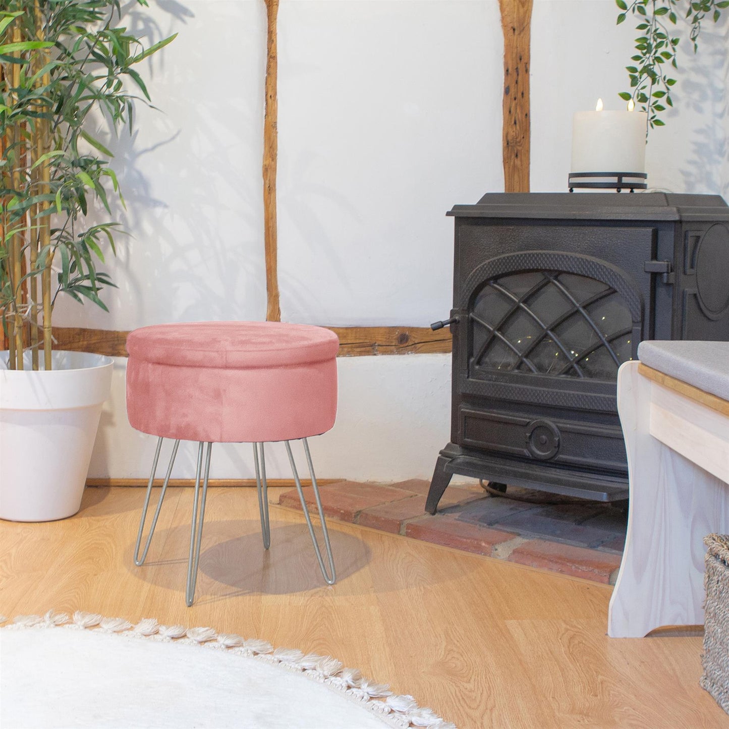 Pink Round Velvet Storage Footstool
