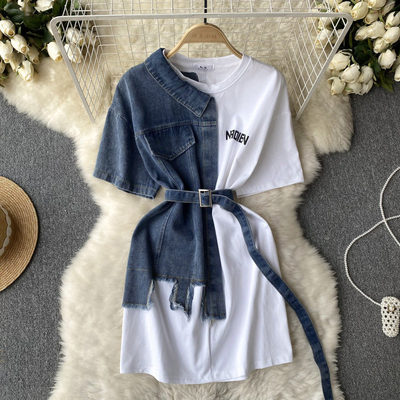 Round Neck Denim Patchwork Dress