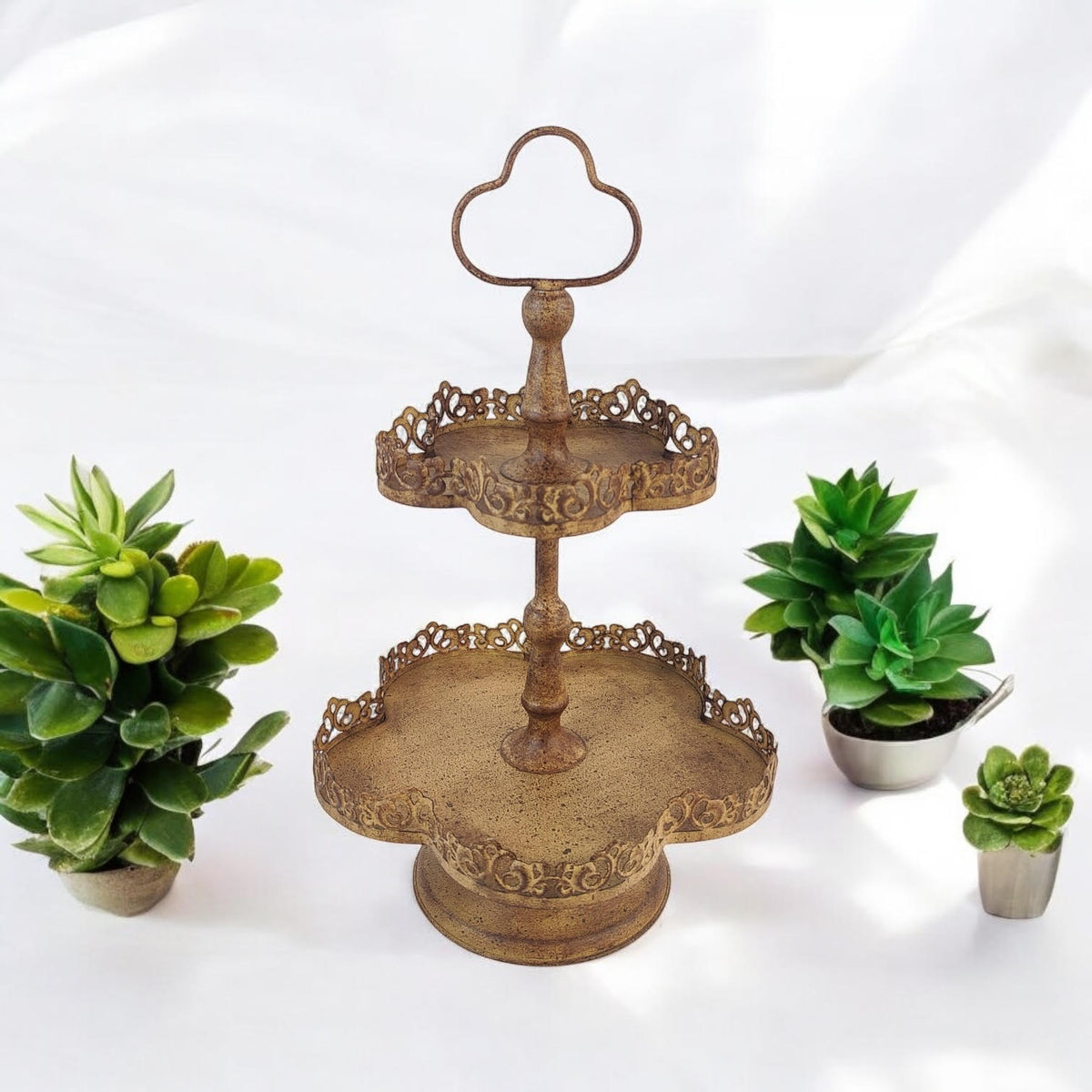 48CM RUSTY METAL 2 TIER CAKE STAND