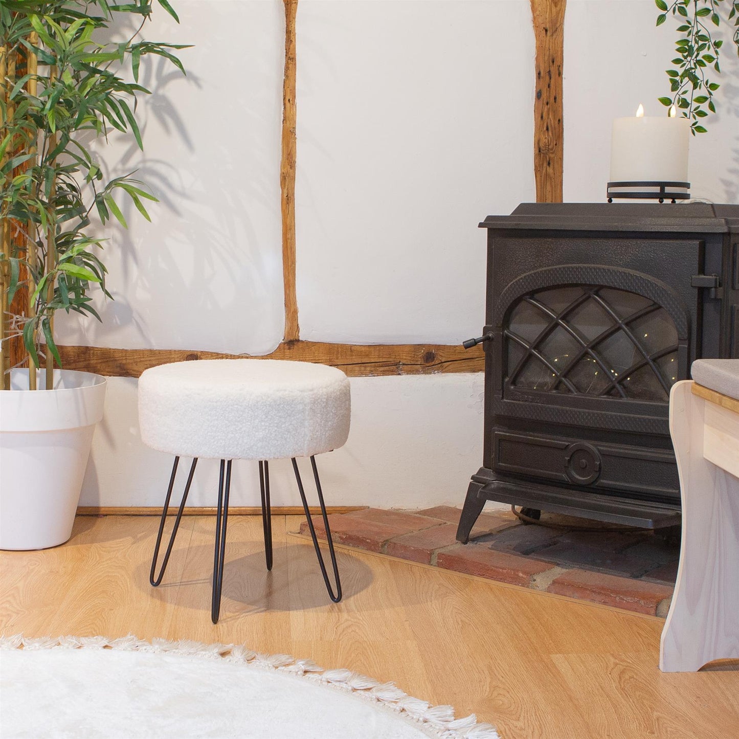 Cream H41 x D35cm Round Boucle Footstool