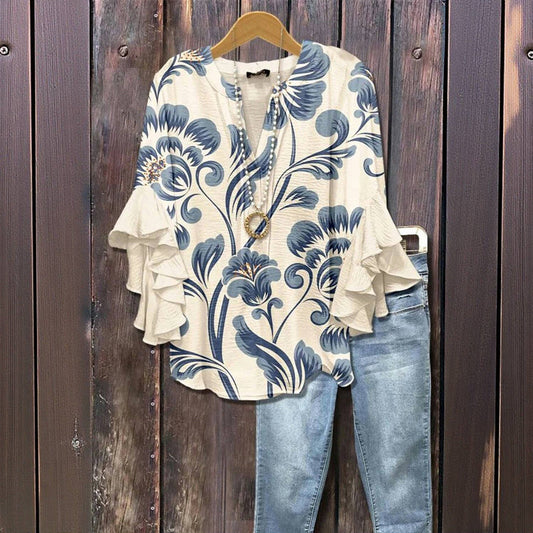 Vintage Spring Blouse with Flower Pattern