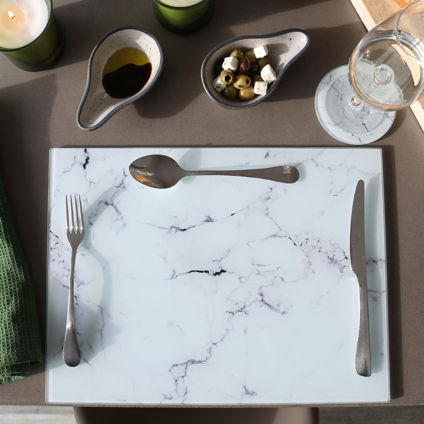 12pc Rectangle Glass Placemats & Round Coasters Set - 40cm x 30cm - Marble