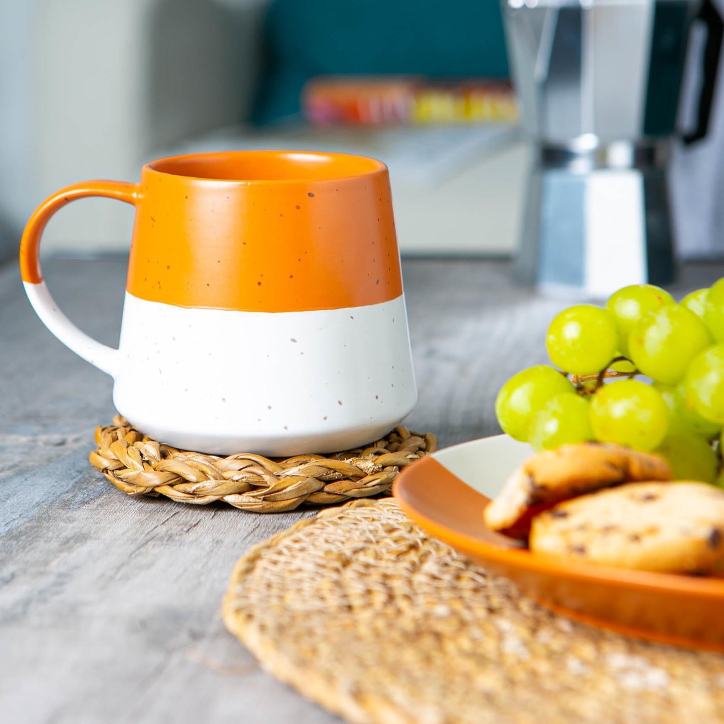 370ml Orange Colour Block Flecked Stoneware Belly Mug