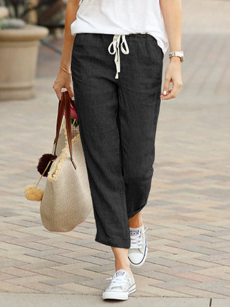 New Solid Color Loose Casual Drawstring Elastic Waist Cotton Linen Cropped Pants