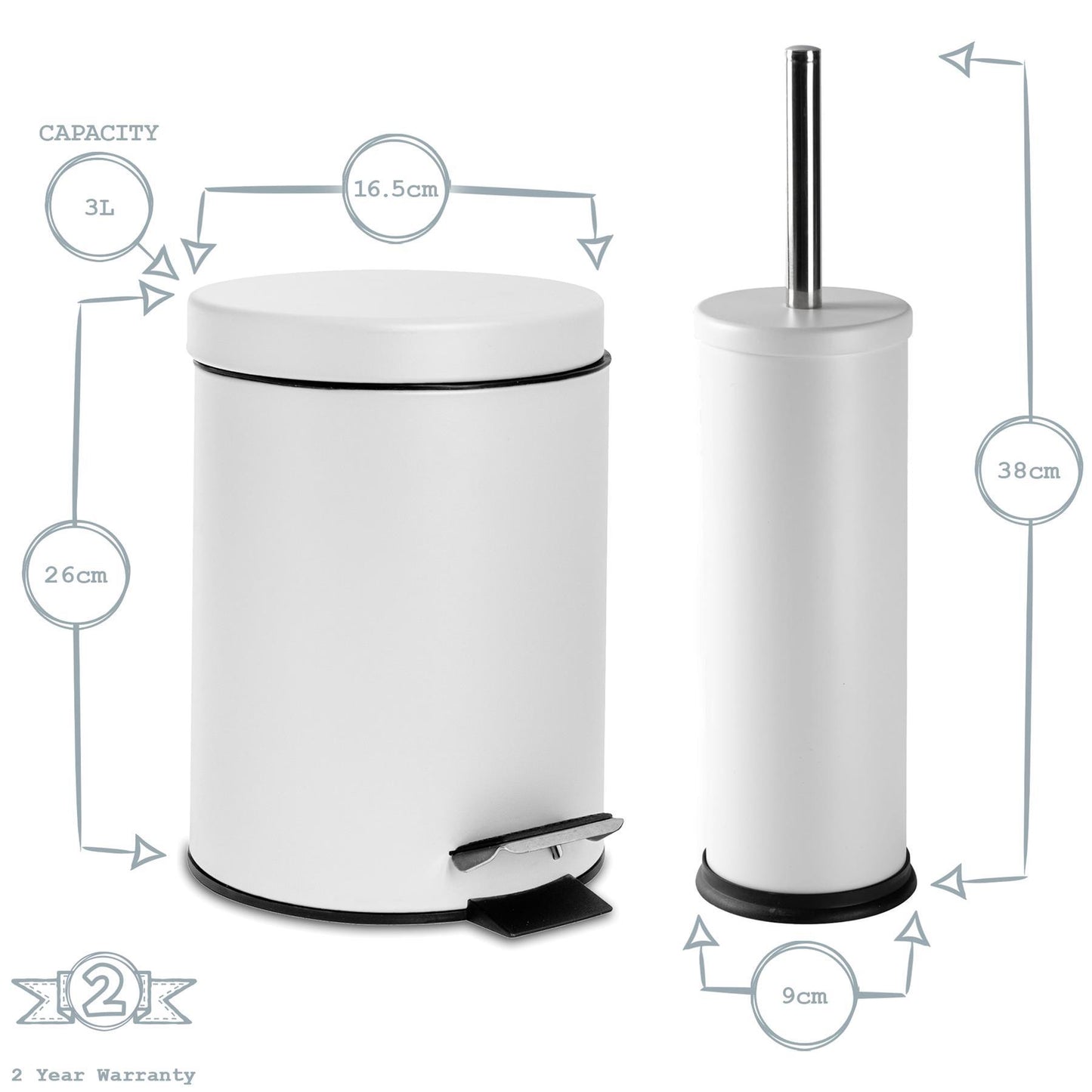 Matt White Round Stainless Steel Toilet Brush & Bin Set