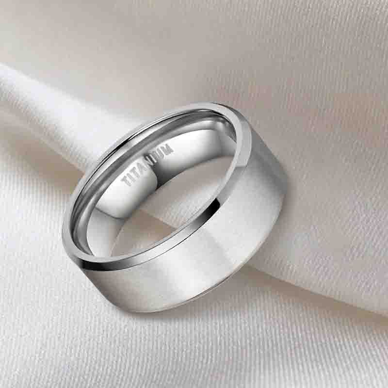 Brushed Wide Face 610mm Unisex Beveled Silver Titanium Ring