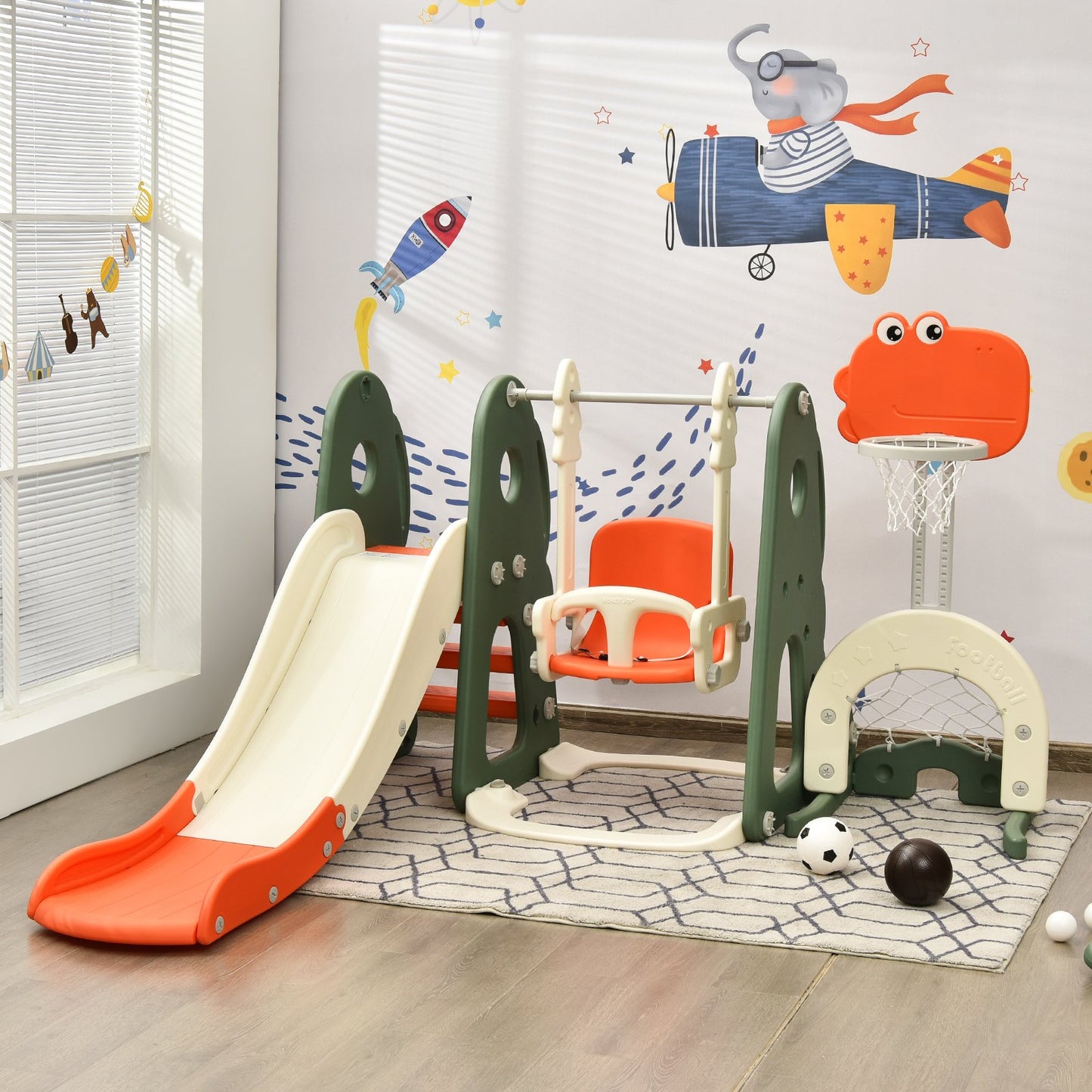 6 in 1 Toddler Slide and Swing Set with Adjustable Basketball Hoop for Indoor-Grey