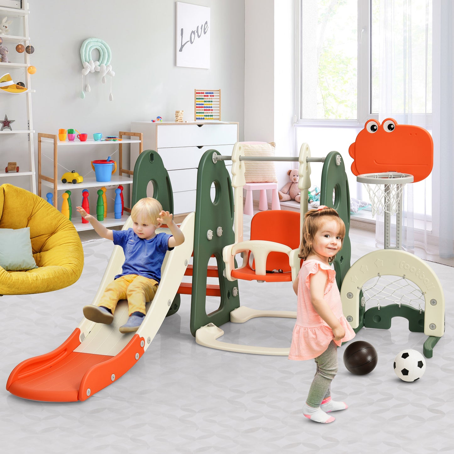 6 in 1 Toddler Slide and Swing Set with Adjustable Basketball Hoop for Indoor-Grey