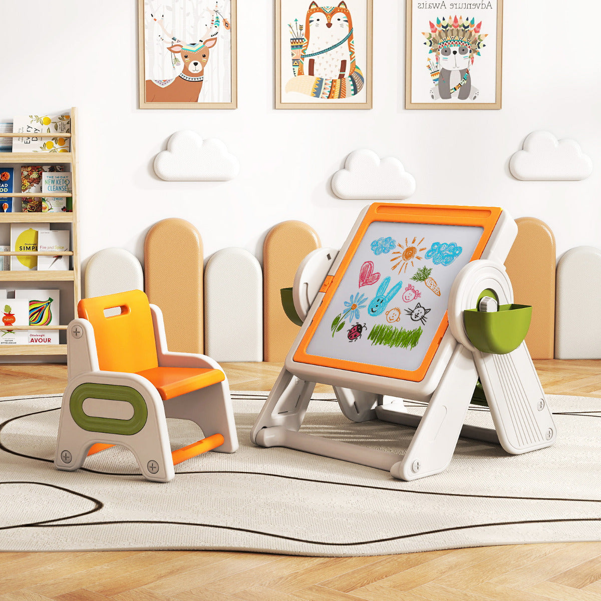 6-in-1 Multi-activity Children Table & Chair Folding Art Easel Set-Grey