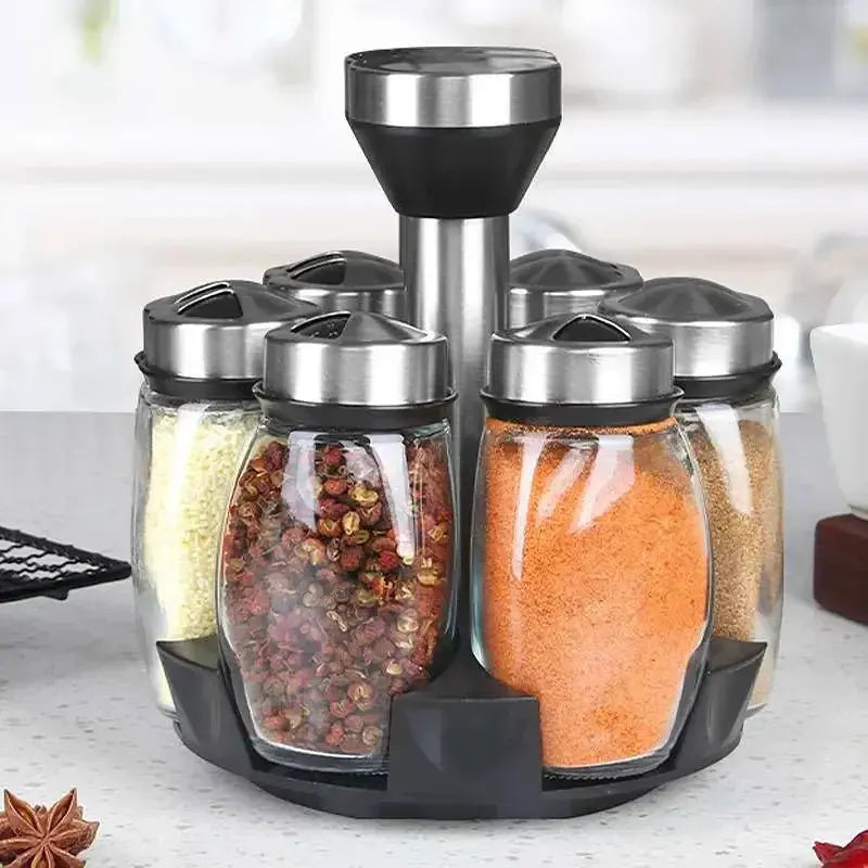 7-Piece Spice Jar Set with Rotating Rack. Glass Seasoning & Salt Shakers Storage