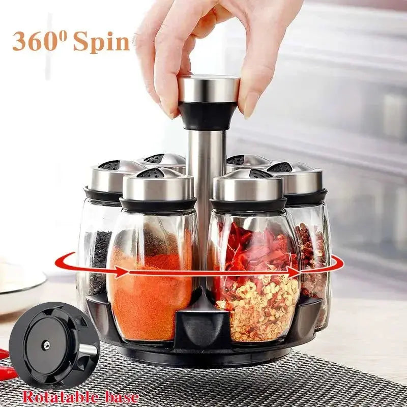 7-Piece Spice Jar Set with Rotating Rack. Glass Seasoning & Salt Shakers Storage