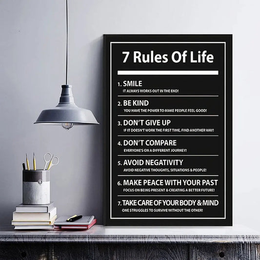 7 Rules of Life Motivational Poster – Black & White Typography Wall Art