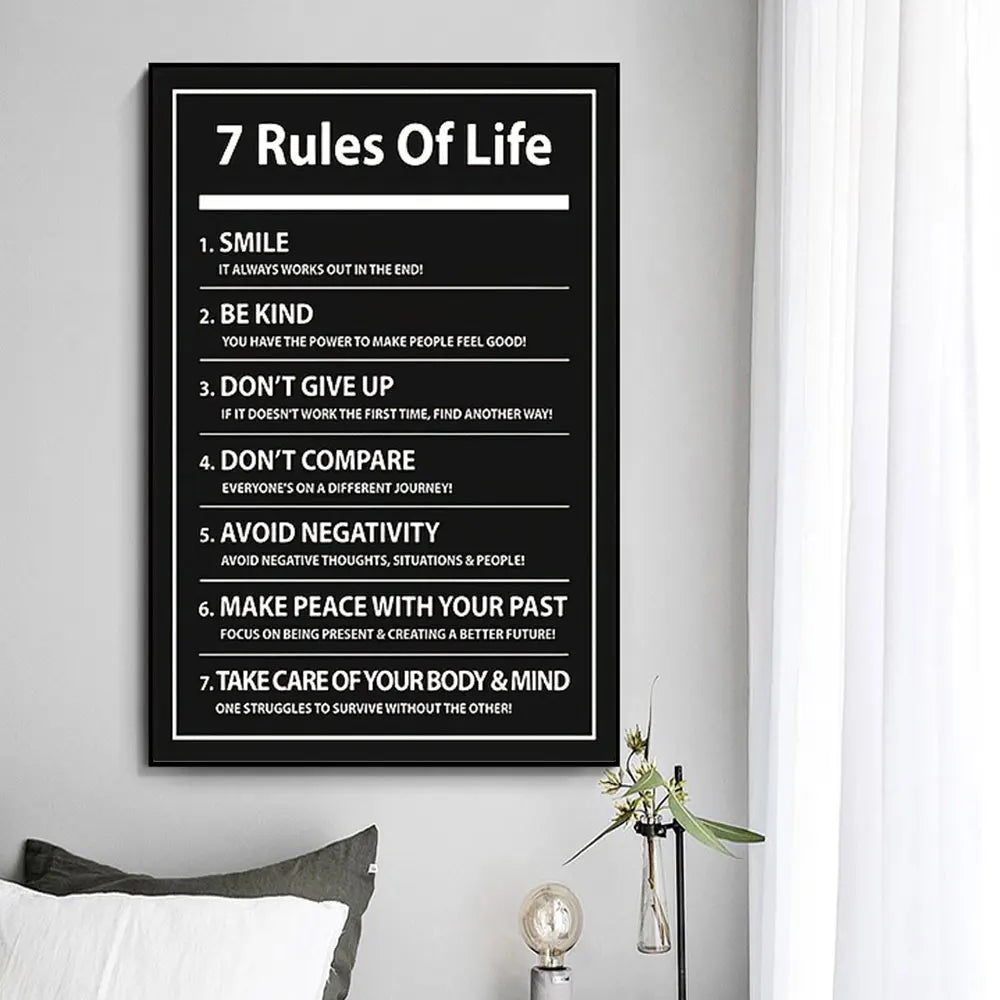 7 Rules of Life Motivational Poster – Black & White Typography Wall Art